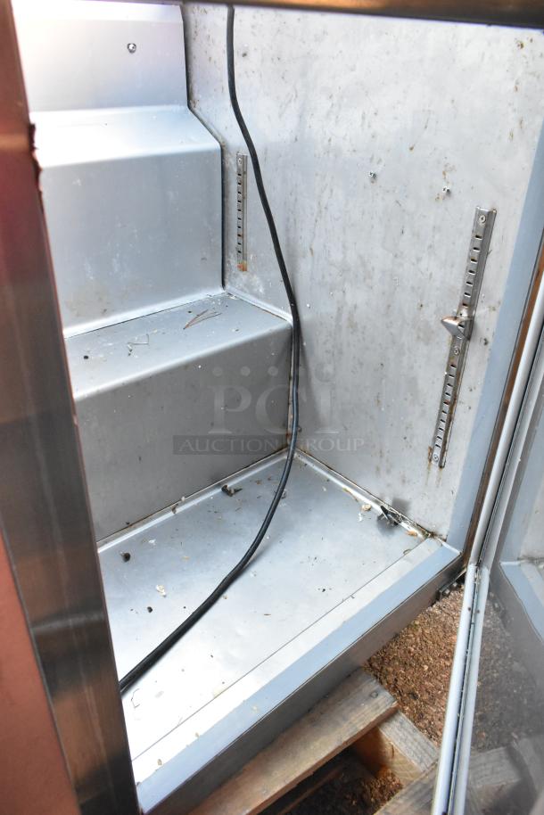 Culitek MRSLM-3D stainless steel prep table interior, showing used condition, visible cable, and adjustable shelf brackets.