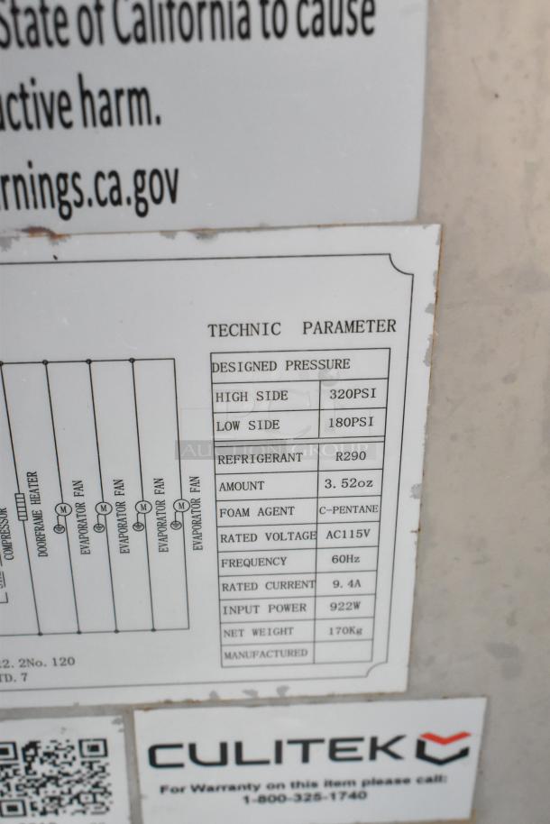2022 Culitek MRSLM-3D prep table label showing parameters: 320 PSI high, 180 PSI low, R290 refrigerant, 115V, 60Hz, 170kg.