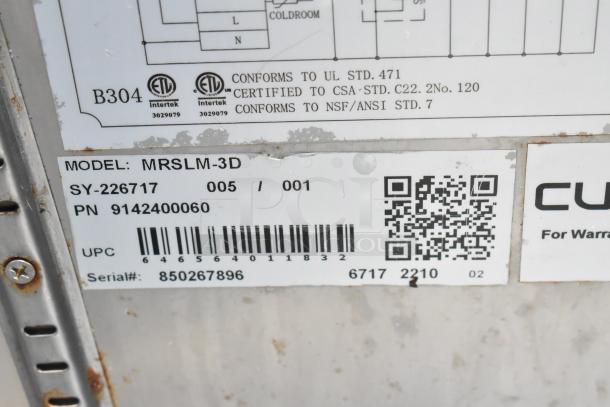 Culitek MRSLM-3D prep table label showing certifications and model info. Serial: 850267896. Conforms to safety standards.