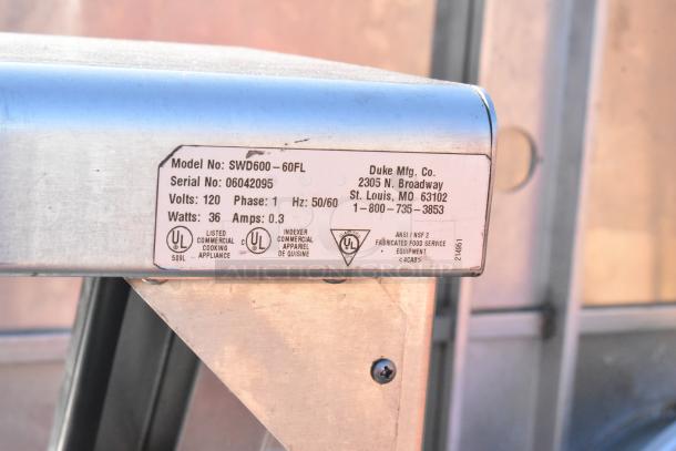 Duke SWD600-600FL metal prep line label, shows 120V, 1 phase, UL listed. Serial No. 06042095, Duke Mfg. Co.