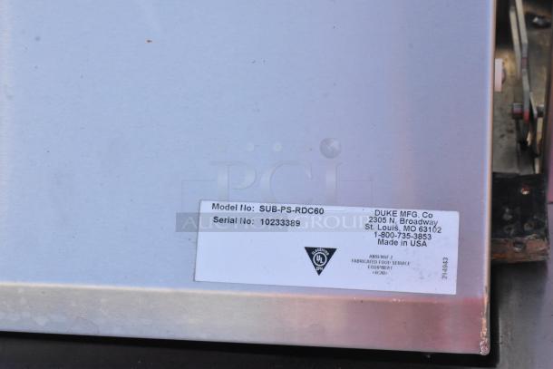 Duke SWD600-600FL Subway Sandwich Prep Line, metal finish, 120V, 1 phase. Label shows model SUB-PS-RDC60, serial 10233389.