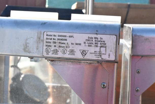 Duke SWD600-600FL metal prep line showing model and serial number label, 120V, 1-phase, commercial use.