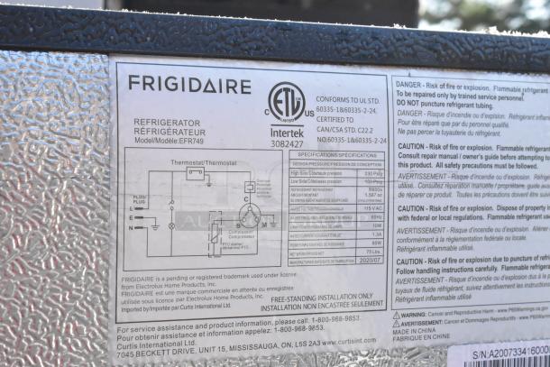 Frigidaire EFR749 refrigerator label showing model, specifications, warnings, and certification by Intertek.