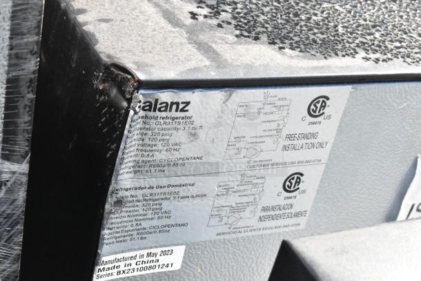 Galanz GLR31TS1E02 refrigerator label, 3.1 cu. ft., 120 VAC, 0.8A, R600a refrigerant. Manufactured May 2023, China.