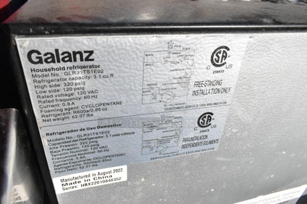 Galanz refrigerator label, model GLR31TS1E02, 3.1 cu.ft capacity, 120 VAC, 60 Hz, made in August 2022, China.