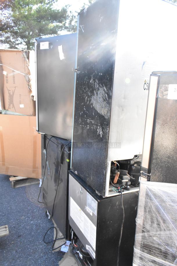 Seven assorted refrigerators including Frigidaire EFR463-6COM and Haier HC46SF10SV, shown with various visible wear.