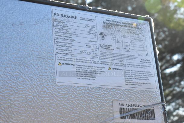 Frigidaire EFR463-6COM label showing model details, 4.5 Cu.Ft. capacity, 115 volts, dimensions 18.5"x20"x42.9", R600a refrigerant.