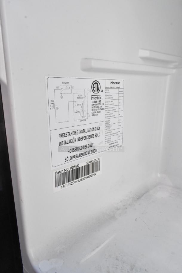 Label inside Hisense RR44D6ASE shows specs for household use. Batch No. BD59K. Includes wiring diagram.