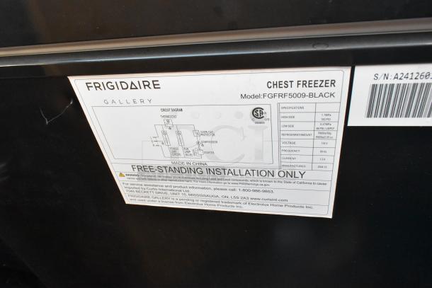 Frigidaire FGFRF5009-BLACK chest freezer label, features 115V, single phase. Includes installation instructions and specifications.