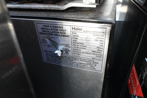 Haier HC46SF10SV refrigerator label with specs: 4.5 cu.ft., 115V, dimensions 20"x22"x32", 51.8 lbs, R600a refrigerant.
