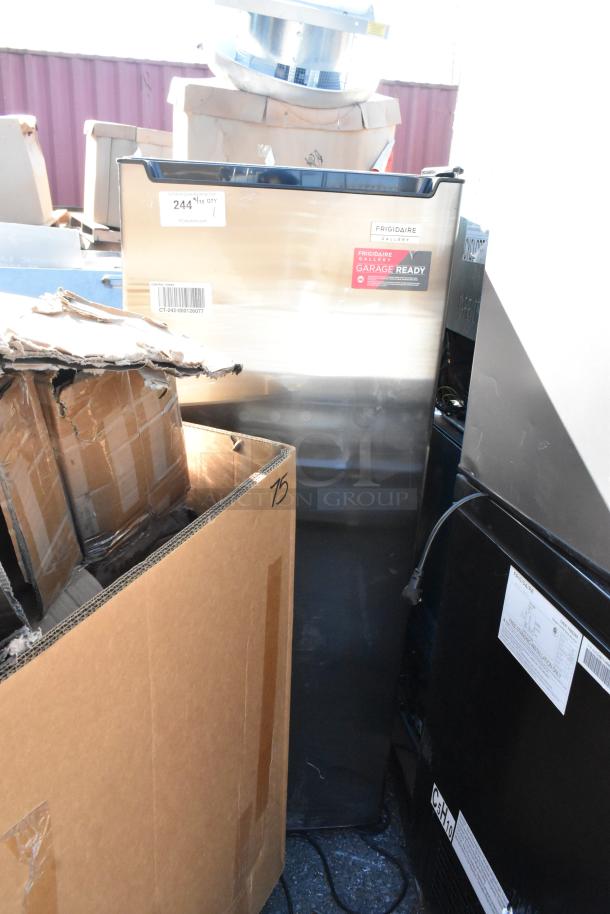Frigidaire FGFRF6547 cooler-freezer, 115 volts, 1 phase, garage-ready label, boxed, slightly visible condition.