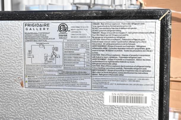 Frigidaire FGFRF6547 Cooler with Freezer label. 115 Volts, 1 Phase. Serial number: A2501602090000659.