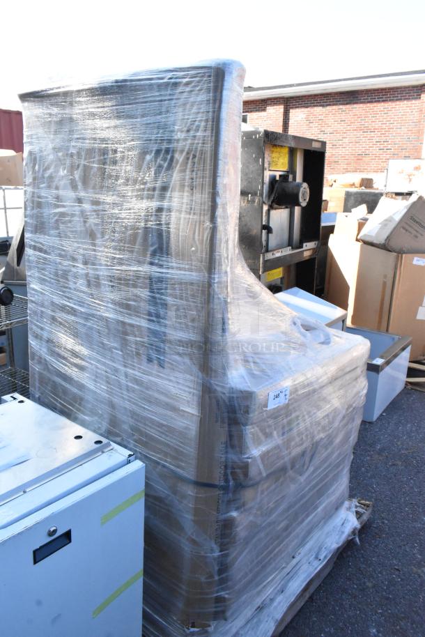 12 new scratch and dent Lancaster Table & Seating outdoor tables, wrapped in plastic. Includes 32"x32" and 63"x32" models.