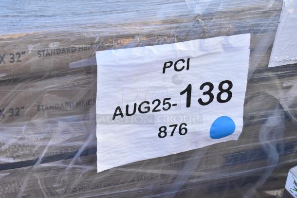 12 new scratch and dent outdoor tables by Lancaster, including 32"x32" and 63"x32" models, wrapped with label "PCI AUG25-138."