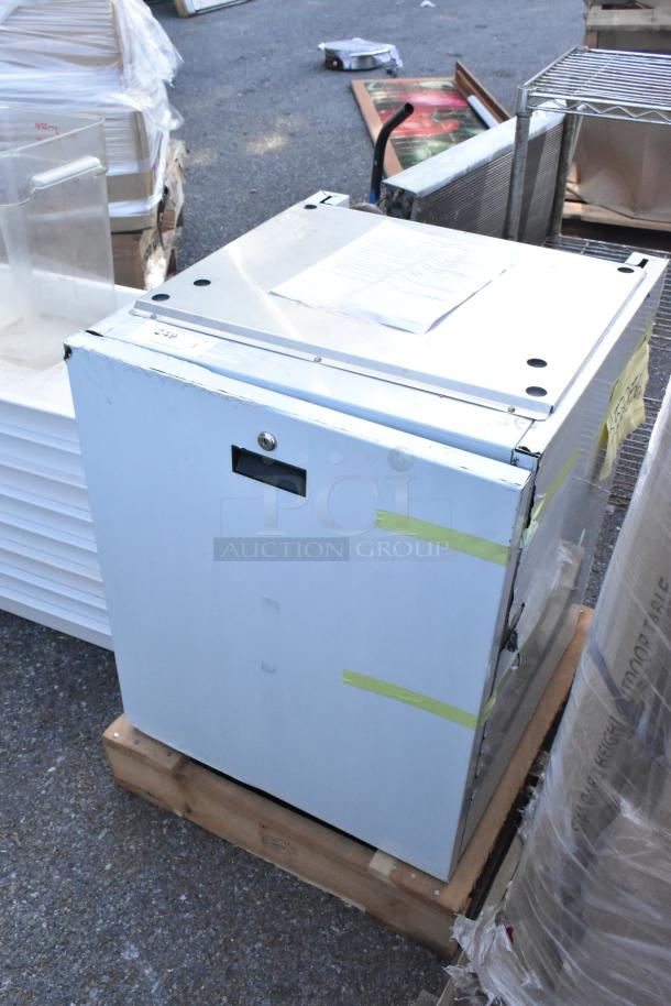 Brand new 2024 Scotsman HST21-A stainless steel ice dispenser stand, 21 1/2" x 23 3/4", minor scratches visible.
