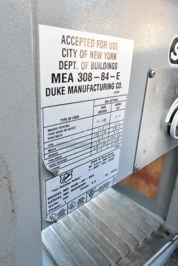 Duke SUB-HJF-R25 warming soup station, 120V, 1 Phase, shows settings for various foods, NYC use approval label visible.