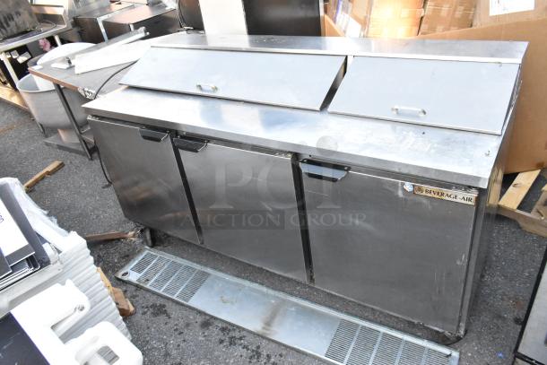 Beverage Air SPE72HC-18 stainless prep table, commercial casters, 115V, stainless steel, used condition, visible branding.
