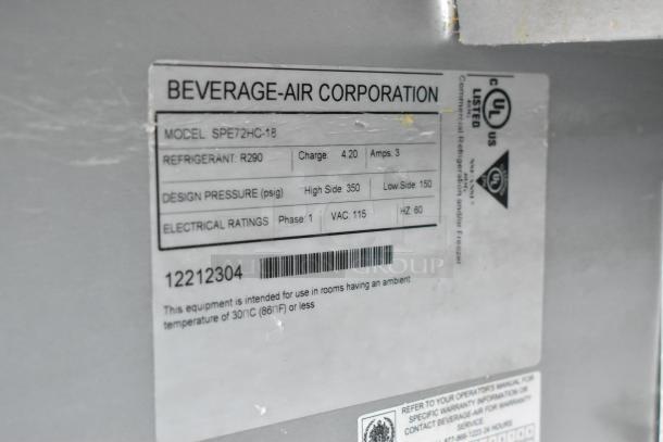 Beverage Air SPE72HC-18 Stainless Steel Prep Table label. Model SPE72HC-18, refrigerant R290, 115V, 1 phase, 3 amps.