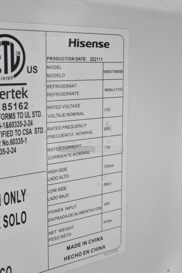 Hisense WMS017M6XBE Mini Cooler label showing 115V, 1 phase, production date 202111, refrigerant R600a, made in China.