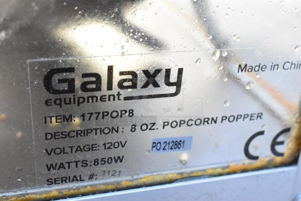 Galaxy 177POP8 metal countertop popcorn machine label, showing 120V, 850W, 8 oz capacity, serial #1121, made in China.
