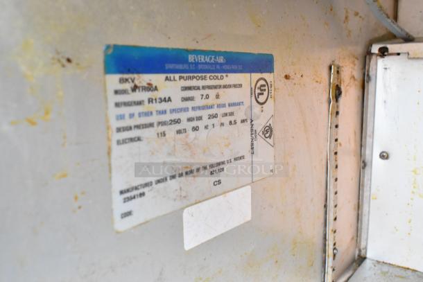 Beverage Air WTR60A label indicating model, R134A refrigerant, 115 volts, UL certification, and patents.