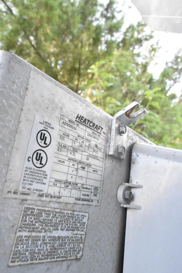 Heatcraft evaporator fan label for Harford Walk In Box, Bohn 115V, 1 Phase. Model ADT090AJ, serial D98808703.