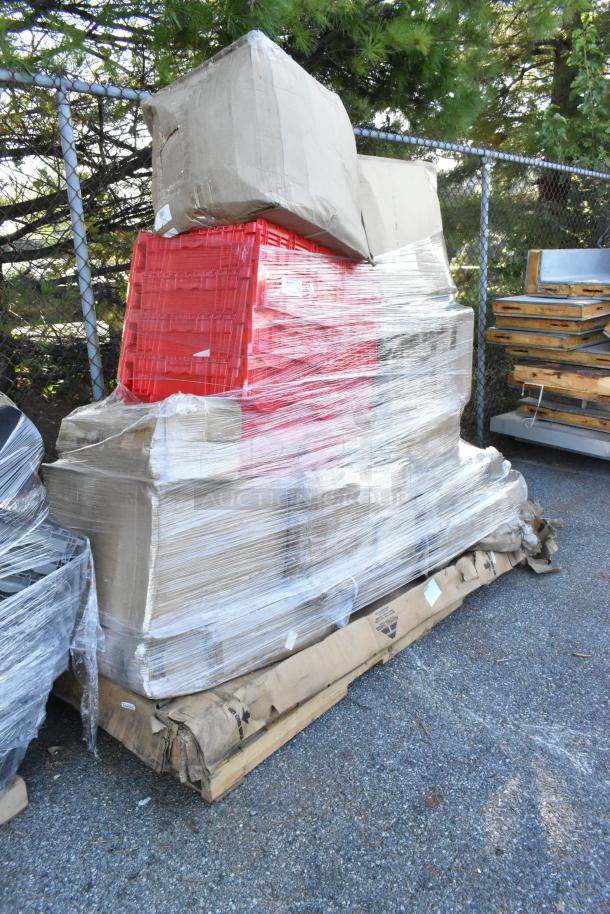 Pallet with 16 wrapped items, including a garbage disposer, mop sink, and shelf warmer, showing signs of wear.