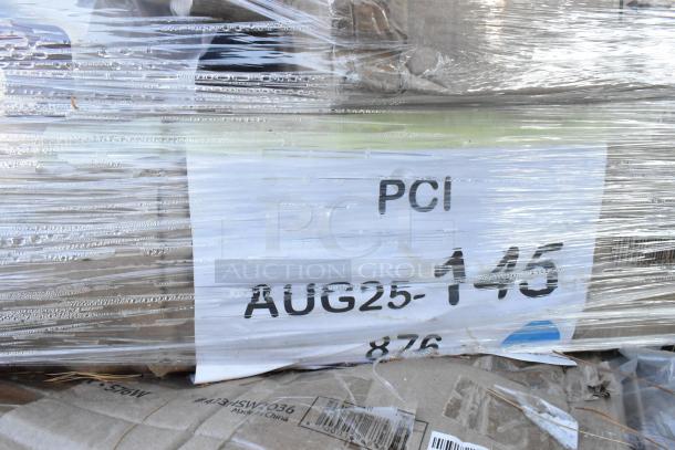 Plastic-wrapped items with cardboard packaging showing "PCI AUG25-145 876" label, indicating lot details for auction.