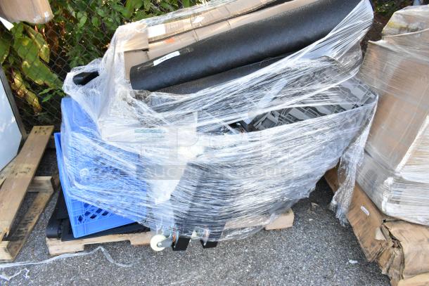 Bundle of 20 brand new scratch and dent items including gray poly bins and a floor mat, wrapped in plastic on pallets.