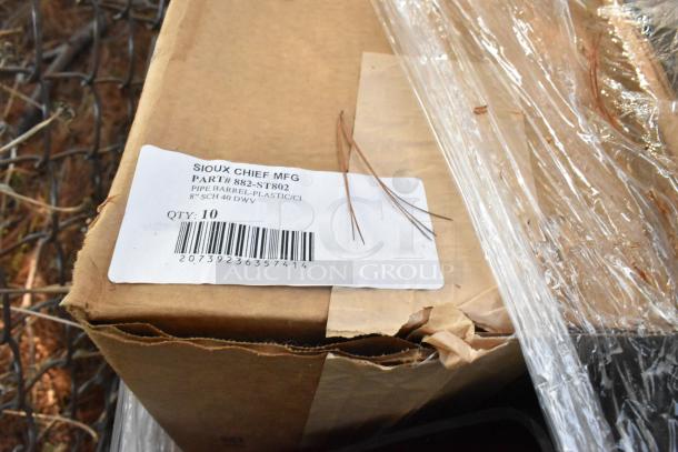 Cardboard box with a Sioux Chief MFG label, part #882-ST802, Qty: 10, 8" SCH 40 DWV pipe barrel, plastic/CI.