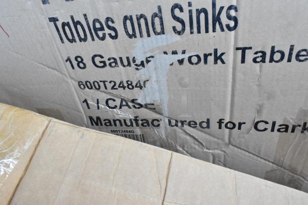 Cardboard packaging displaying text "18 Gauge Work Table," signifying a Regency 600T2484G stainless steel table item.
