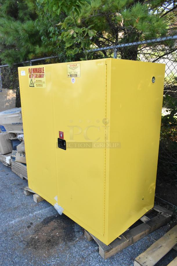 Brand new Eagle Manufacturing 5510X yellow safety cabinet, 110-gallon capacity, 2 self-closing doors, minor scratches.