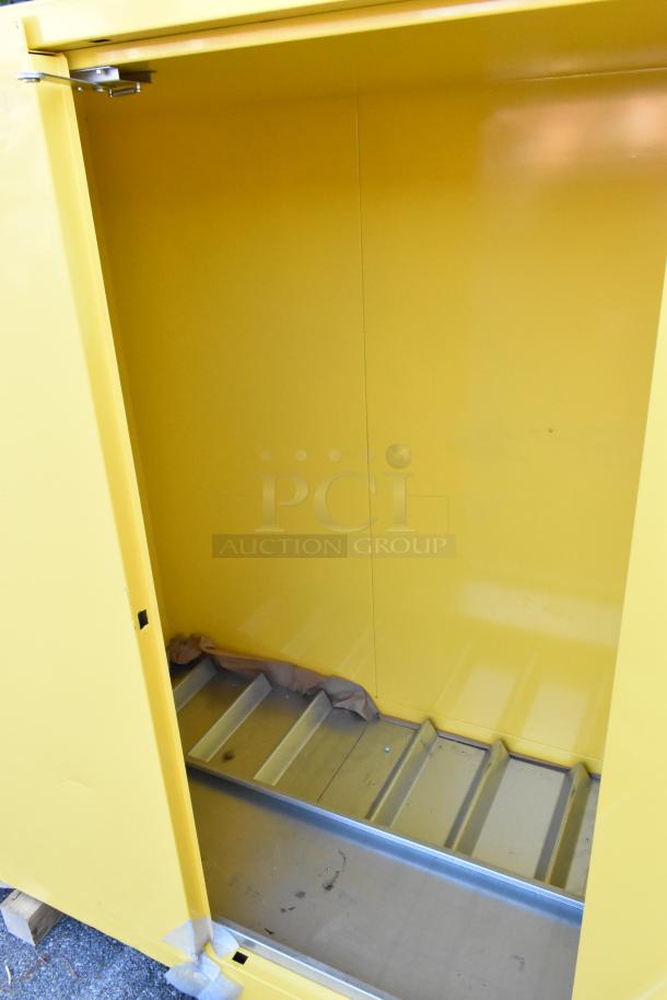 Brand new Eagle Manufacturing 5510X yellow safety cabinet, 110-gallon, 2 self-closing doors, 2 shelves, minor scratches.