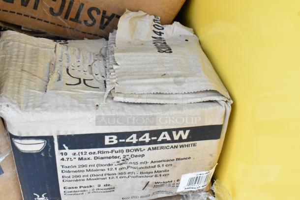 Cardboard box labeled B-44-AW, containing 12 oz. American White soup bowls, 4.75" diameter, 2" deep. Box shows wear.