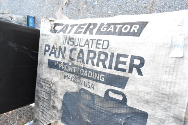 CaterGator Insulated Pan Carrier label, indicating front loading, made in USA. Part of a scratch and dent auction lot.