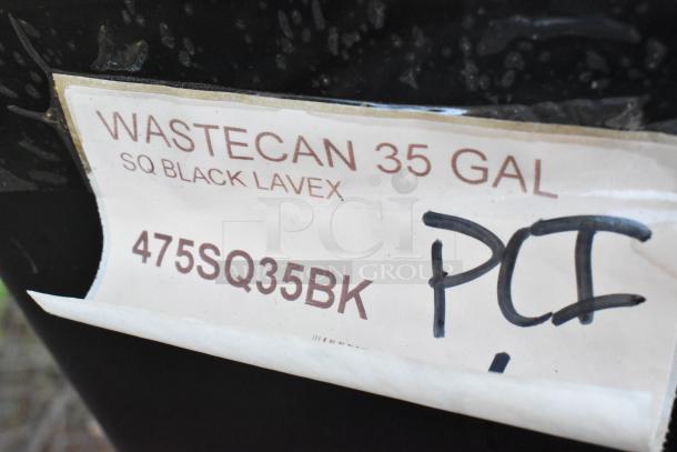 Label on Lavex 35-Gallon Black Square Trash Can; model 475SQ35BK, shows slight wear. Suitable for commercial use.