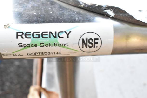 Regency 600PTSD24144 stainless steel pass-through shelf with overshelf, 24" x 144", 16-gauge, Type 304, NSF certified.