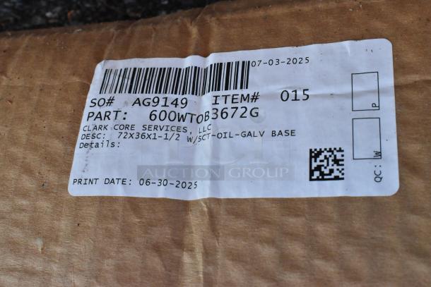 Label on packaging showing part 600WTOB3672G from Clark Core Services, size 72x36x1-1/2 with galvanized base.