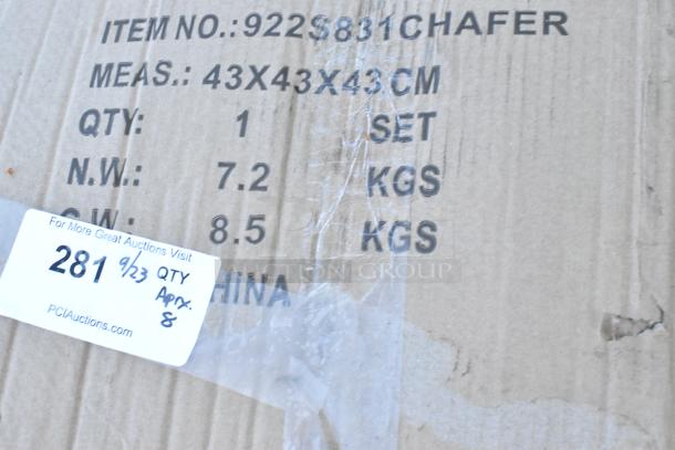 Cardboard box with markings: "Item No.: 922S881 Chafer," dimensions 43x43x43 cm, and weight details. Label reads "281, QTY approx. 8."