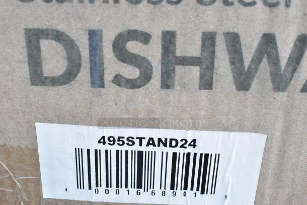 Barcode on a cardboard box with the marking "495STAND24," indicating a Seaga dish machine stand.