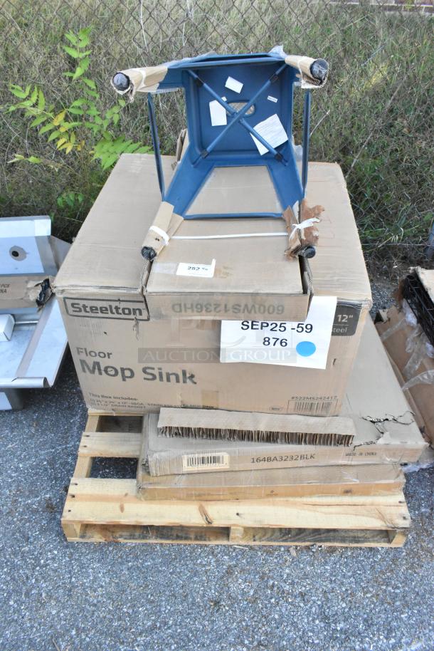 Seaga scratch and dent items; includes boxed Steelton floor mop sink and blue stool, on wooden pallet. New condition.