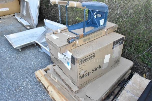 5 new scratch and dent items including sheet pan, mop sink in Steelton box, and blue stool. Seaga make.