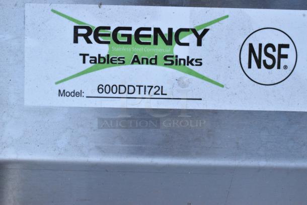 BRAND NEW Regency 600DDTI72L L-Shape Dishtable, 6' 16-Gauge Stainless Steel, NSF marked, scratch and dent, no legs included.