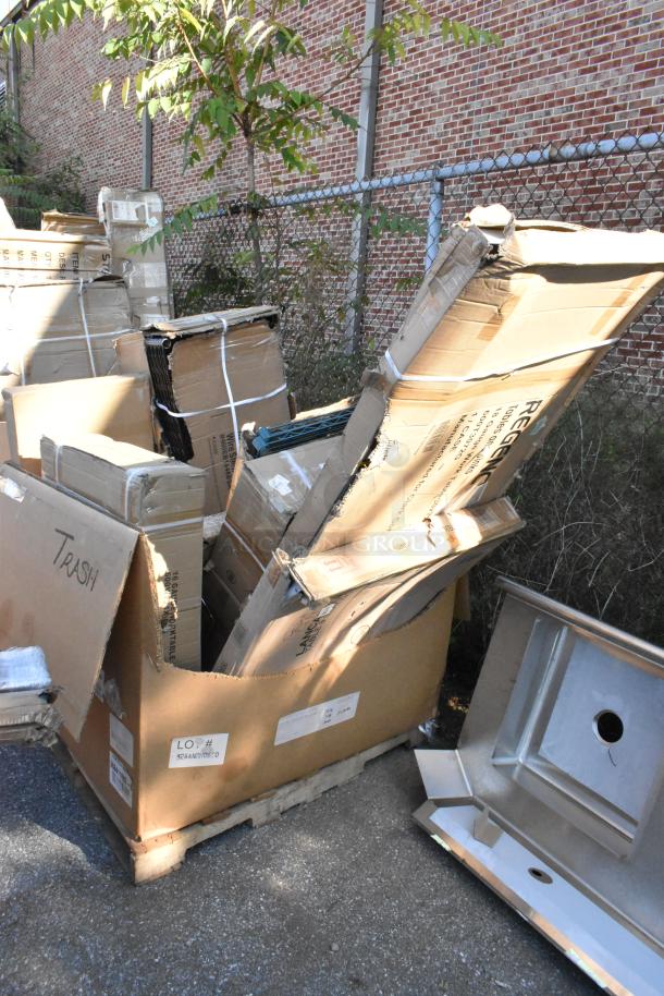 8 Seaga items in original packaging with scratches and dents; includes work table, wire shelf, and pasta station base. Tags visible.