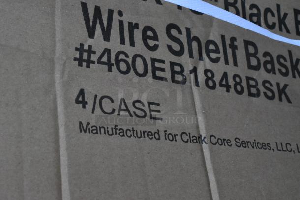 Cardboard box with text "Wire Shelf Basket #460EB1848BSK, 4/CASE" and manufacturing details for Clark Core Services.