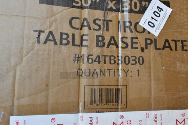 Seaga table base plate packaging, model #164TB3030. "30x30 Cast Iron Table Base Plate." Quantity: 1. Box with dent.