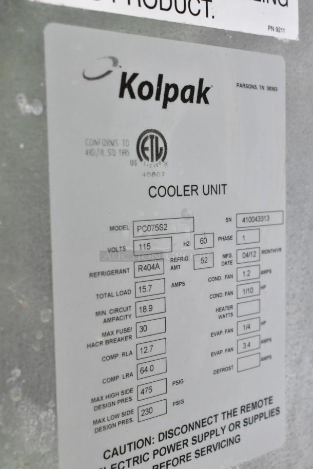 Label for Kolpak Walk-In Box, model PC075S2, 115V, 1-phase compressor. Features R404A refrigerant and technical specs.