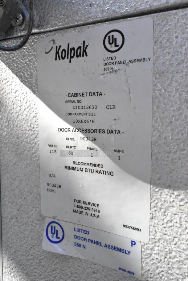 Kolpak Walk-In Box label showing model PC075S2, 115V, 1-phase. Serial 410043630, size 10x6x6'6", UL listed.