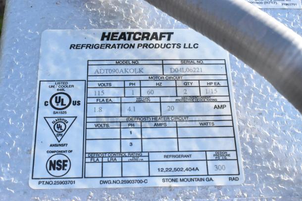Heatcraft ADT090AKOLK label displaying specifications: 115 volts, 1 phase, used in a Hardord Walk In Box with compressor.