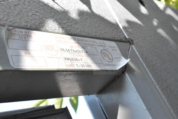 Hardford Walk In Box tag showing model DL3676w5h7-c, serial XWQ626-1, 115V, 1 Phase, dated 1-31-05.